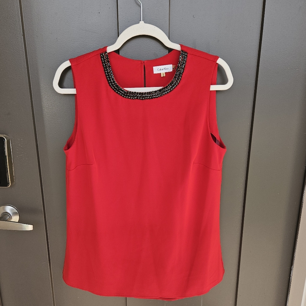 CALVIN KLEIN VINTAGE CLASSIC Red Sleeveless Top with Embellished Accents MEDIUM